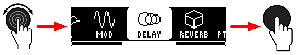 Push and turn the EFFECT knob to move through the Effects Carousel (MOD, DELAY, REVERB) to DELAY, then press the knob