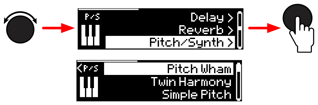 Turn the EFFECT knob to highlight Pitch/Synth in the category list (Delay, Reverb, Pitch/Synth), press it, and the P/S Effect list opens: Pitch Wham, Twin Harmony, Simple Pitch