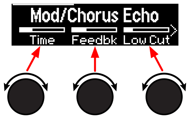 Display showing Mod/Chorus Echo with Time, Feedbk and Low Cut; Knobs 1, 2 and 3 below each adjust the parameter above it