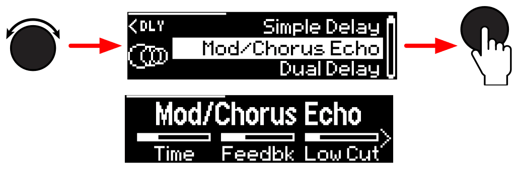 Turn the EFFECT knob to highlight Mod/Chorus Echo in the DLY list (Simple Delay, Mod/Chorus Echo, Dual Delay), press it, and the Display shows Mod/Chorus Echo with its Time, Feedbk and Low Cut parameters
