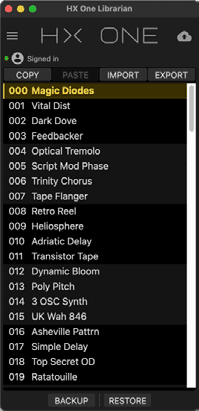 HX One Librarian app window: the preset list (000 Magic Diodes, 001 Dark Dove …) with Copy, Paste, Import and Export buttons above and Backup and Restore buttons below