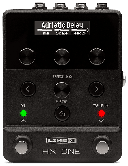 Line 6 HX One pedal, top view: OLED display showing Adriatic Delay, three parameter knobs, EFFECT knob between the PAGE buttons, HOME button, ON and TAP | FLUX footswitches