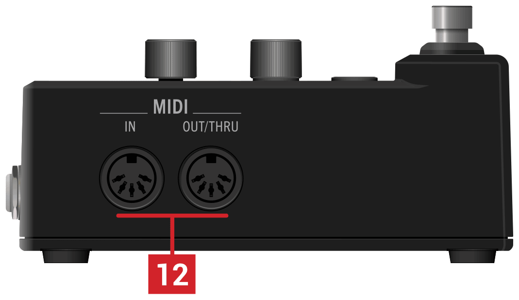 HX One left side with callout 12 on the MIDI IN and OUT/THRU 5-pin DIN jacks