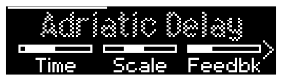 Display, bypassed: “Adriatic Delay” in grayed, dotted text over the Time, Scale and Feedbk value bars