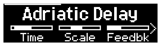 Display, enabled: “Adriatic Delay” in solid text over the Time, Scale and Feedbk value bars