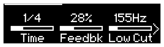 Display showing values 1/4, 28% and 155Hz above Time, Feedbk and Low Cut, with a right arrow for more pages