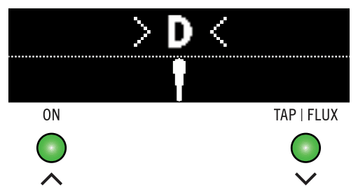 Tuner in tune: “› D ‹” with the needle centered; ON and TAP | FLUX LEDs both green
