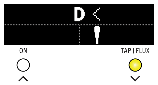 Tuner sharp: “D ‹” with the needle right of center; ON LED off, TAP | FLUX LED yellow