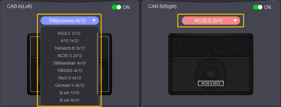 Cabinet simulation drop-down list open under the CAB A (Left) panel