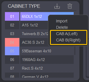 Right-click menu on a cabinet type entry offering Import, Delete, CAB A (Left) or CAB B (Right)