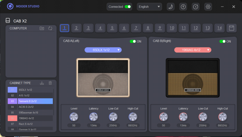 CAB X2 editor software main window showing CAB A (Left) and CAB B (Right) cabinet panels
