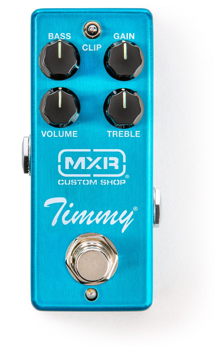 MXR Custom Shop Timmy Overdrive: a blue mini enclosure with BASS, GAIN, VOLUME and TREBLE knobs, a CLIP toggle between BASS and GAIN, and one footswitch