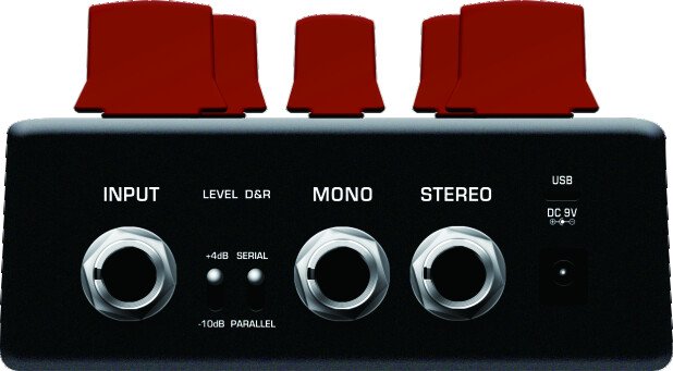 Rear panel: INPUT jack, LEVEL (+4dB / -10dB) and D&R (SERIAL / PARALLEL) toggle switches, MONO and STEREO output jacks, USB port and DC 9V jack
