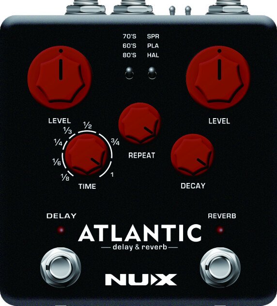 The NUX Atlantic delay and reverb pedal from above: black enclosure, red knobs, two footswitches