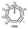 TIME knob with the TAP subdivisions 1/8, 1/6, 1/4, 1/3, 1/2, 3/4 and 1 around it