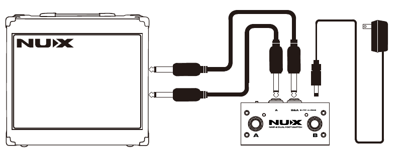 An amplifier connected to the NMP-2's Jack A and Jack B&A, with a 9V adaptor powering the NMP-2
