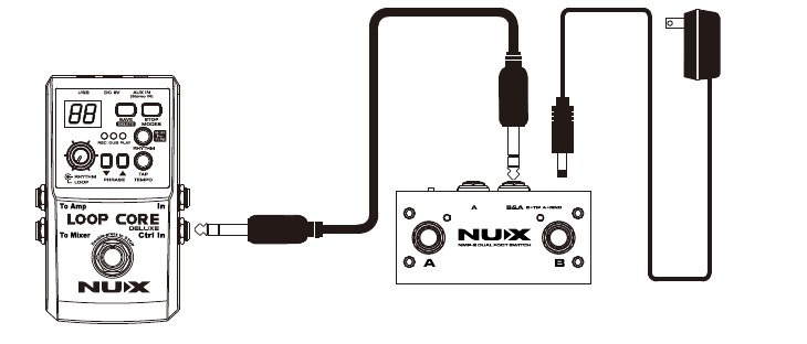 A pedal's stereo TRS output connected to the NMP-2's Jack B&A, with a 9V adaptor powering the NMP-2