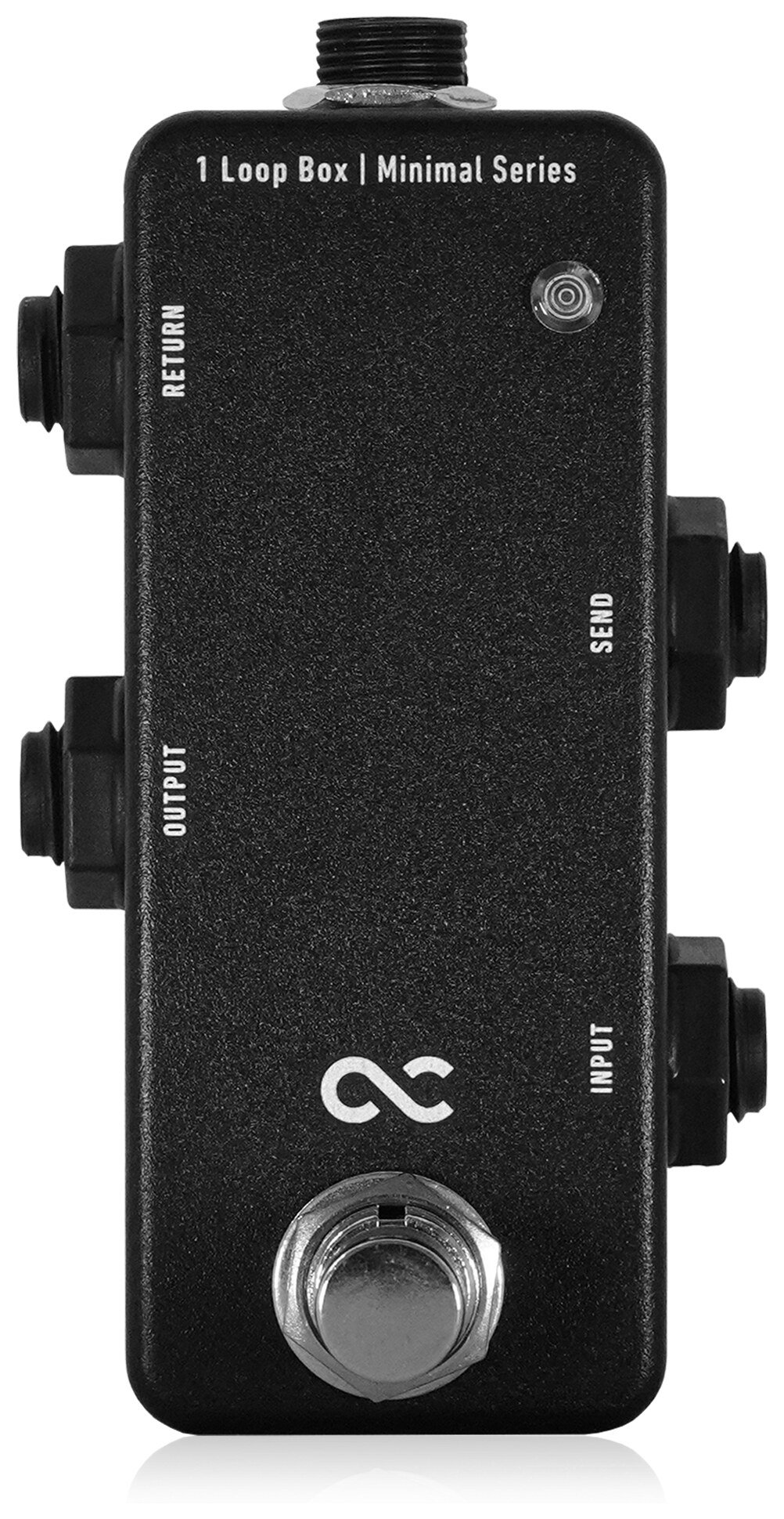 The One Control Minimal Series 1 Loop Box from above: a black enclosure with RETURN and OUTPUT jacks on the left side, SEND and INPUT on the right, the power jack on the top edge, the LED at upper right and the footswitch at the bottom