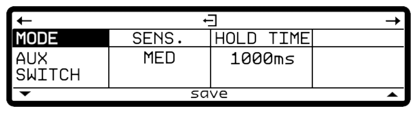 Aux switch mode, sensitivity and hold time screen