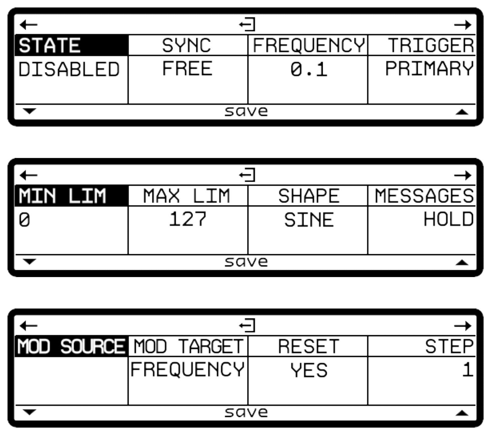 The three LFO settings pages