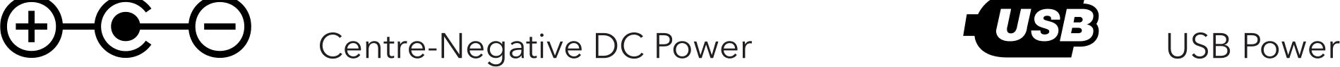 Centre-negative DC power and USB power symbols