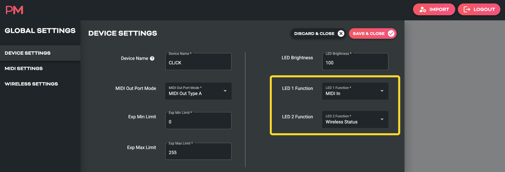 Web editor, Global Settings > Device Settings: the LED 1 Function and LED 2 Function menus pick each LED's mode