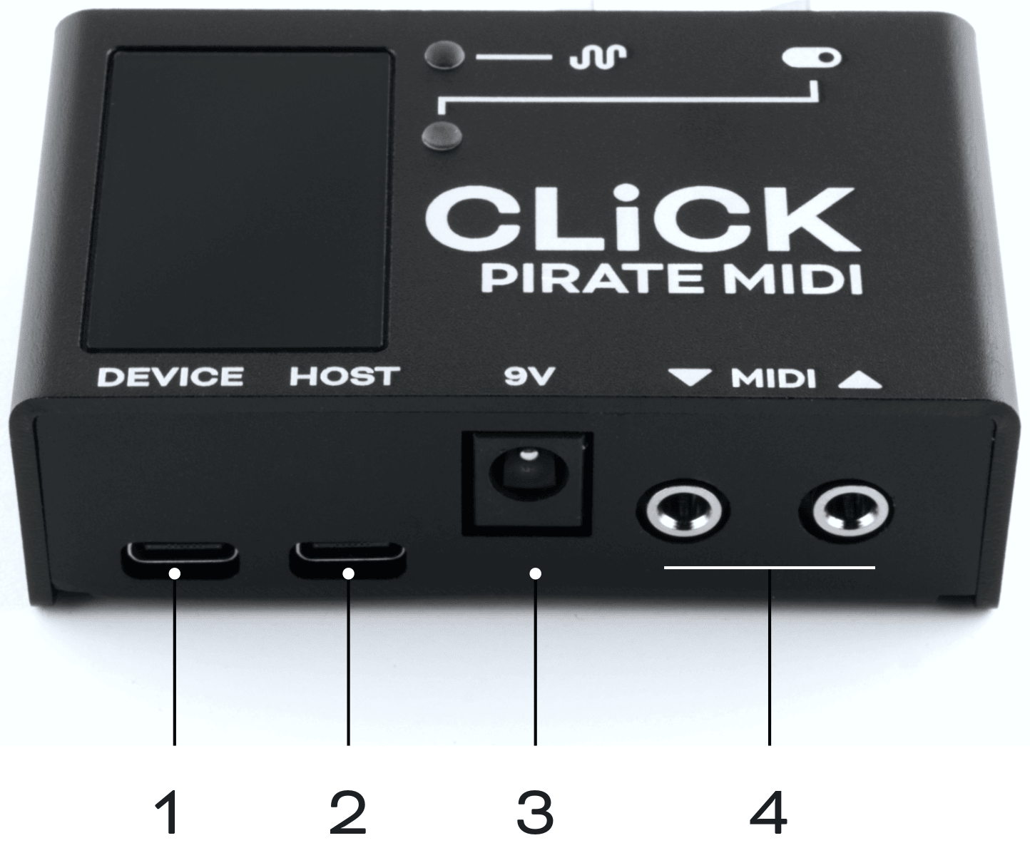 Front of the CLiCK with callouts: 1 USB Device port, 2 USB Host port, 3 9V DC jack, 4 the two 3.5mm TRS MIDI jacks