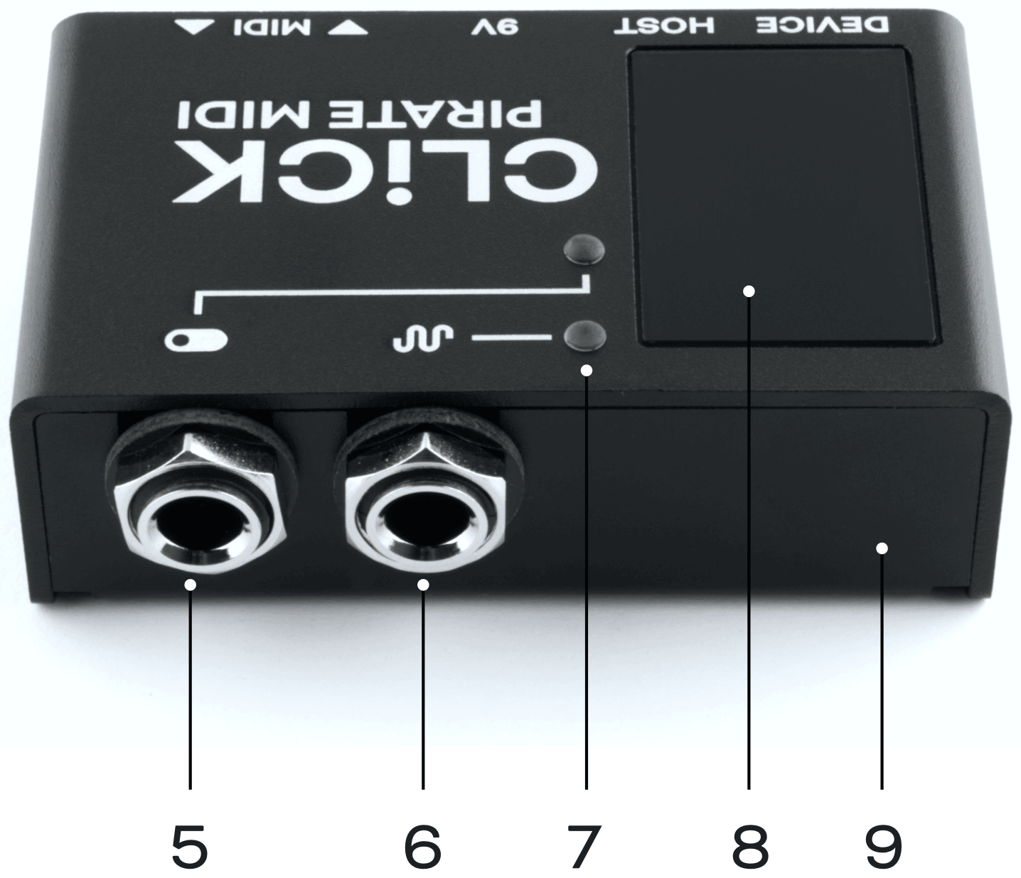Back and top of the CLiCK with callouts: 5 ¼″ TRS relay jack, 6 ¼″ TRS expression jack, 7 the two RGB LEDs, 8 acrylic window, 9 aluminium enclosure