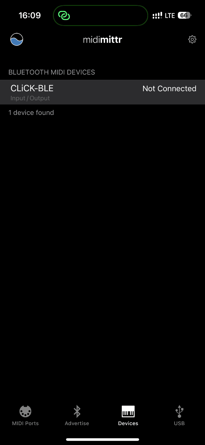 midimittr on an iPhone: the Devices tab lists the CLiCK BLE connection to connect to