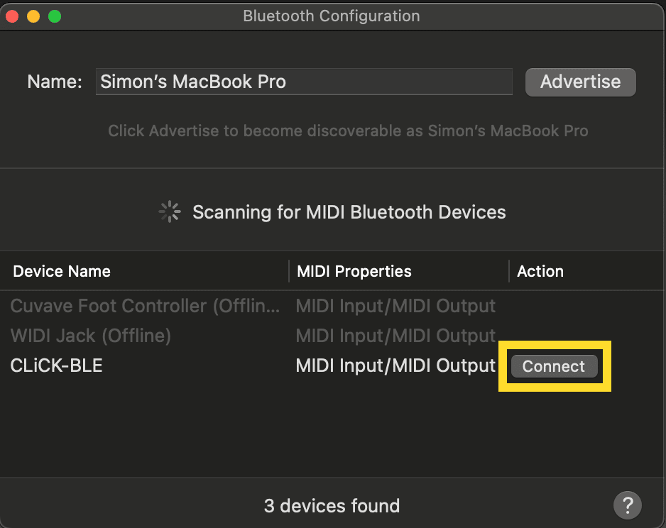 macOS Bluetooth Configuration window: the CLiCK-BLE device with its Connect button highlighted