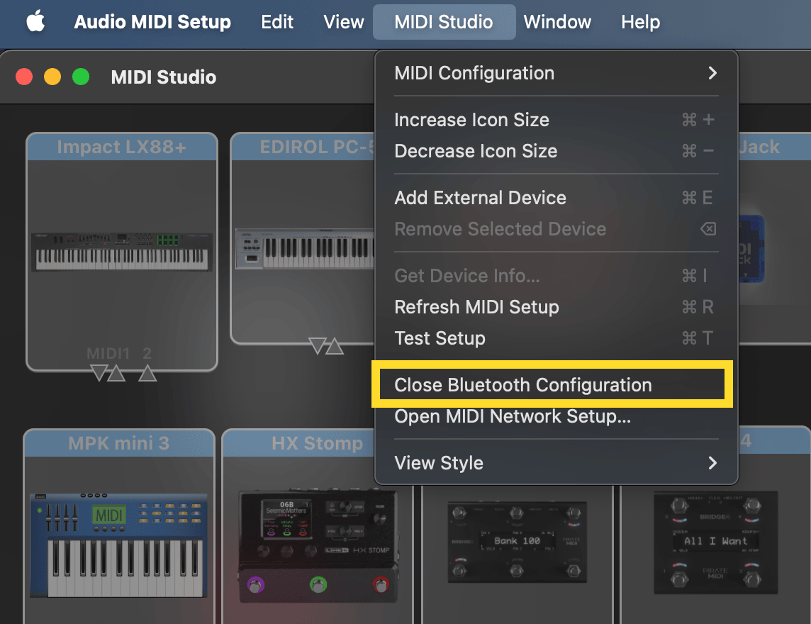Audio MIDI Setup on macOS: the MIDI Studio menu, with Bluetooth Configuration highlighted
