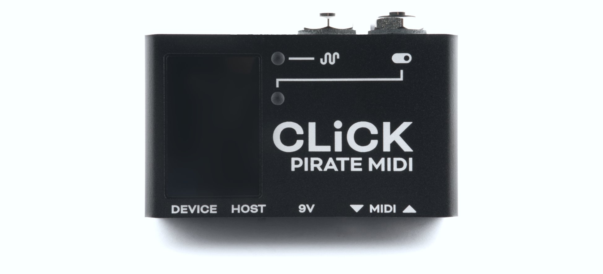 The CLiCK v2 from the front: USB Device and USB Host ports, 9V jack and the two 3.5mm MIDI jacks