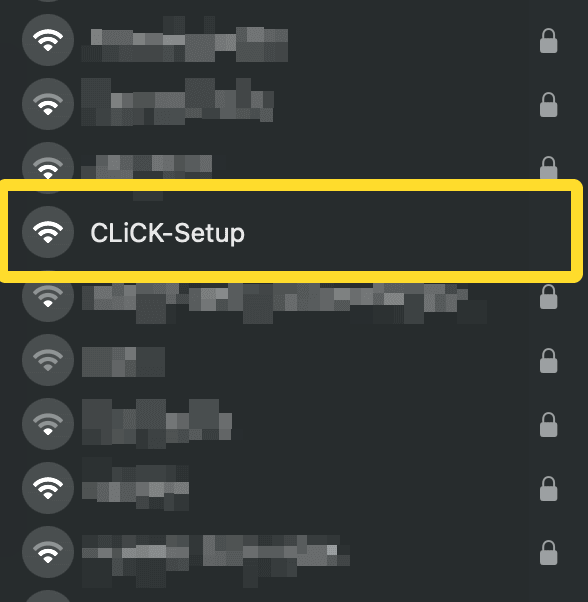 A WiFi network list with the CLiCK-Setup network highlighted