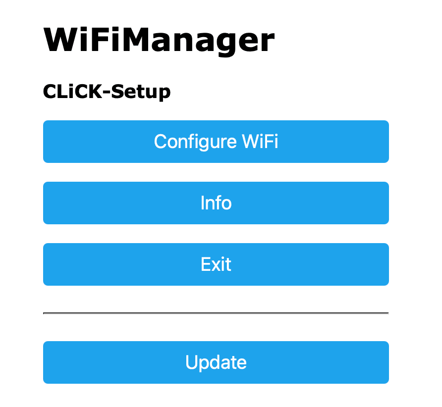 The CLiCK-Setup configuration page in a browser: Configure WiFi opens the network list and password entry