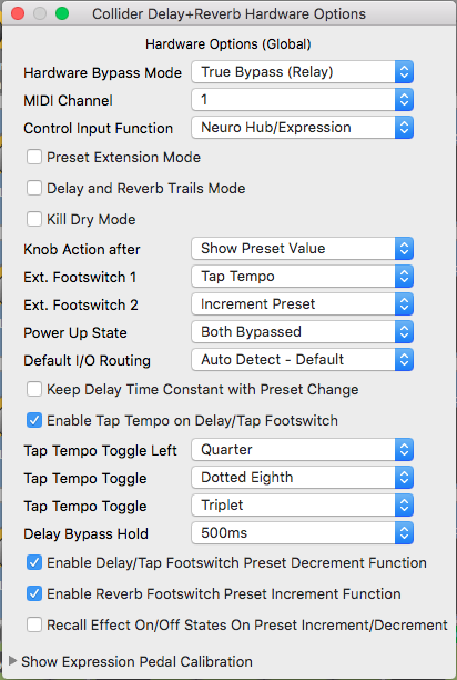 The Collider Delay+Reverb Hardware Options window