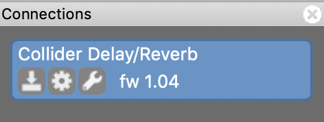 Connections box for the Collider Delay/Reverb with arrow, gear and wrench icons