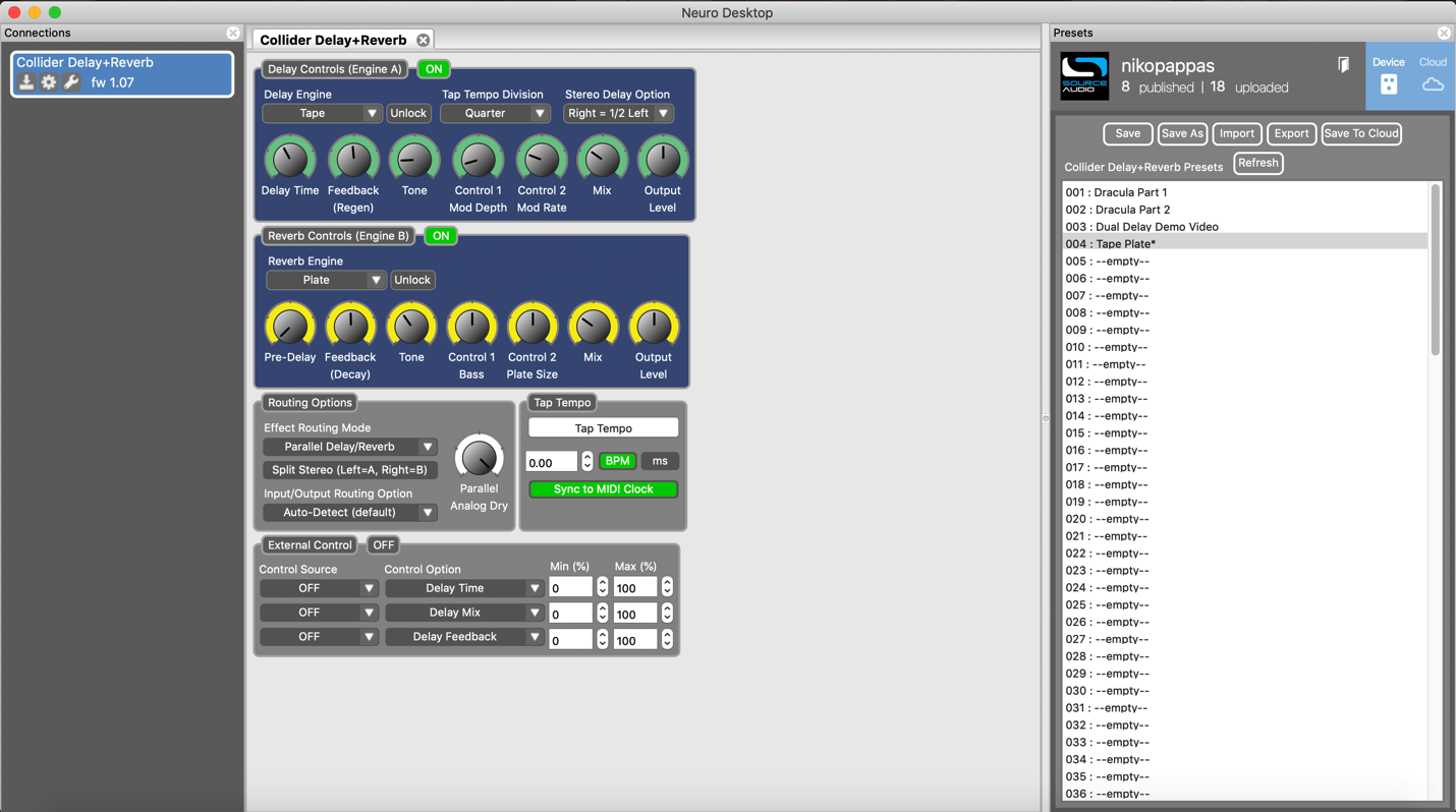 The Neuro Desktop Editor: Connections on the left, Sound Editor in the centre, Presets on the right
