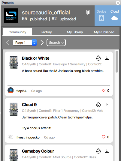 Presets, Cloud tab: Community, Factory, My Library and My Published