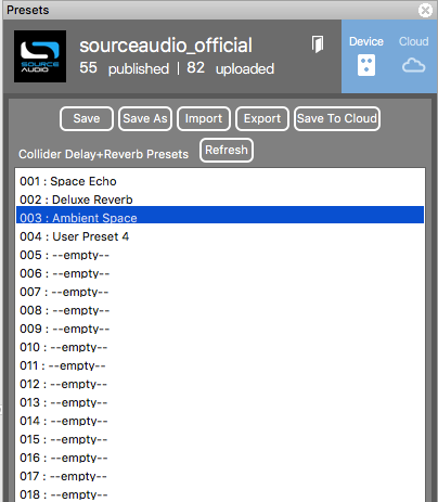 Presets, Device tab: Save, Save As, Import, Export, Save To Cloud and the preset list