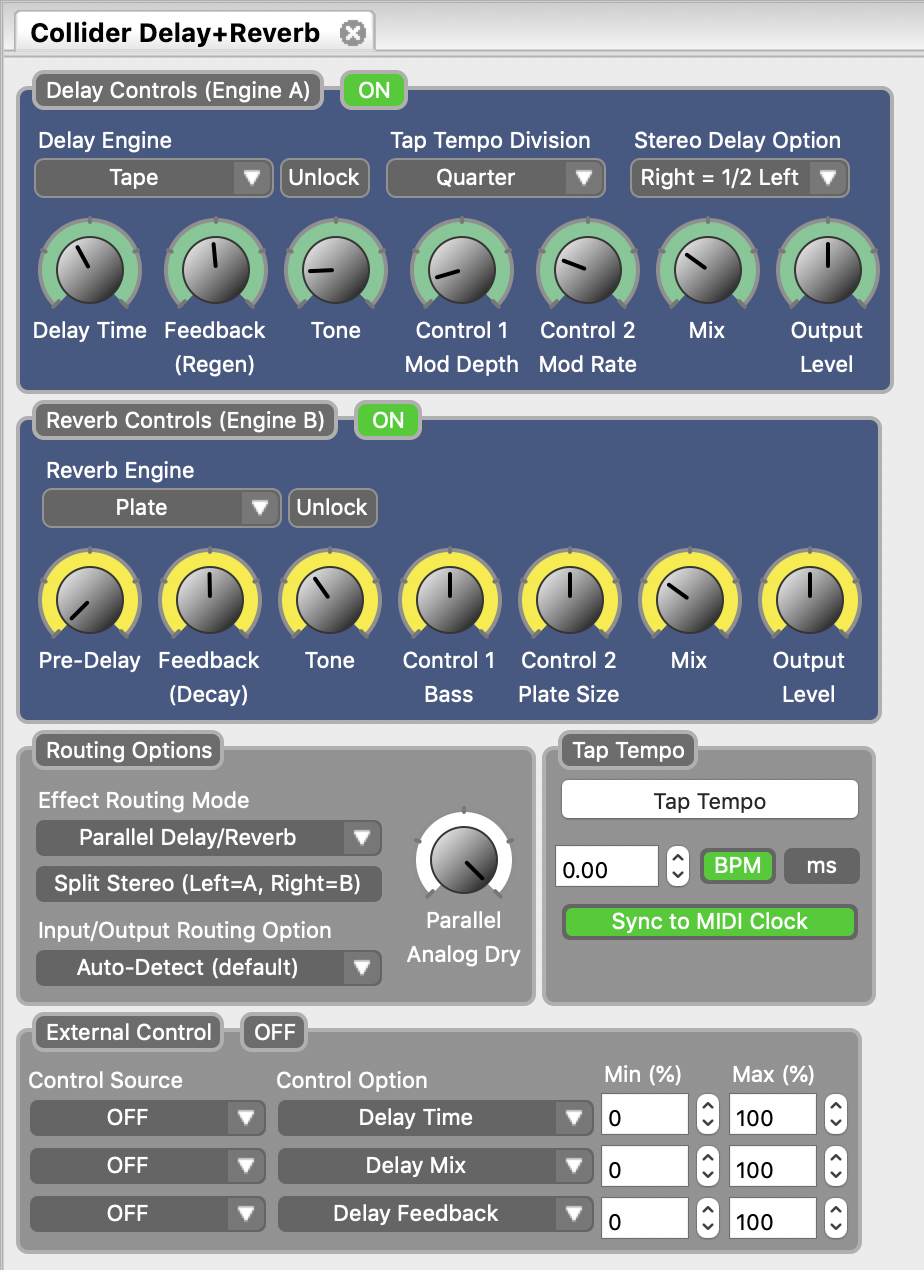 The Collider Delay+Reverb Sound Editor tab