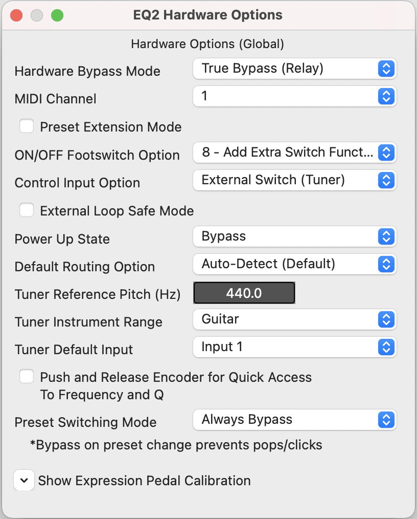The EQ2 Programmable EQ Hardware Options window