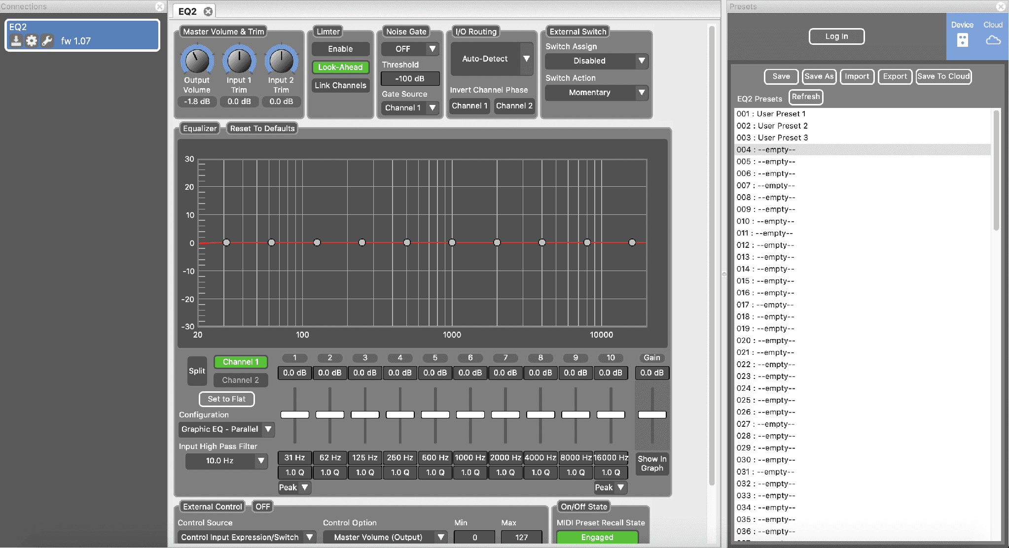 The Neuro Desktop Editor: Connections on the left, Sound Editor in the centre, Presets on the right