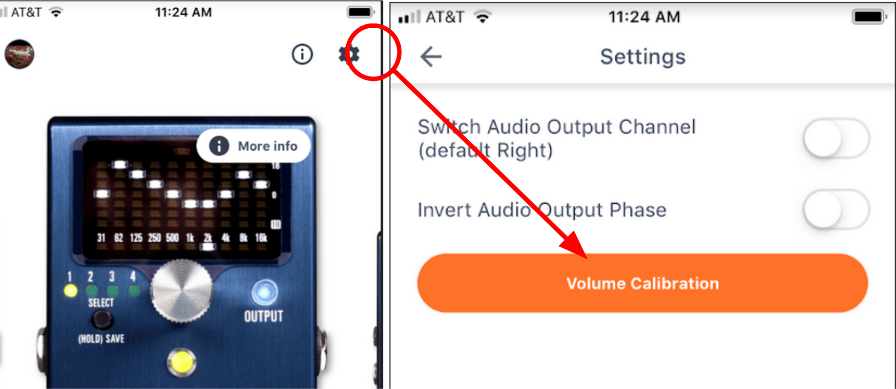 Volume Calibration in the Neuro Mobile app, shown on two phone screens