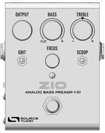 Line drawing of the ZIO Bass front panel: OUTPUT, BASS and TREBLE knobs on top, GRIT toggle, FOCUS knob and SCOOP toggle below them, LED, then the footswitch
