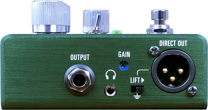 Output side of the ZIO Bass: the OUTPUT jack, the headphone jack, the GAIN trim pot and the LIFT ground switch, and the DIRECT OUT XLR jack on the right
