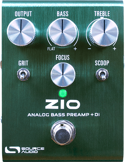 The ZIO Bass: OUTPUT, BASS and TREBLE knobs on top, GRIT toggle, FOCUS knob and SCOOP toggle below them, then the LED, the ZIO name and the footswitch