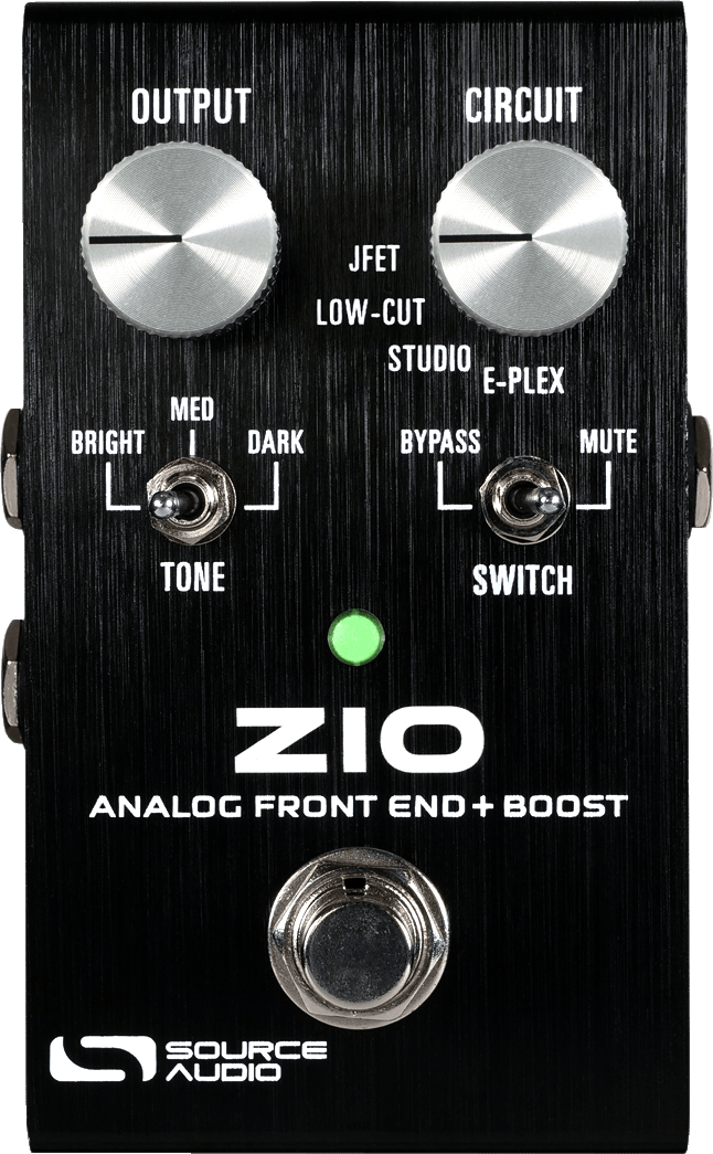 The Source Audio ZIO: OUTPUT and CIRCUIT knobs on top, TONE and SWITCH toggles below them, then the LED, the ZIO name and the footswitch