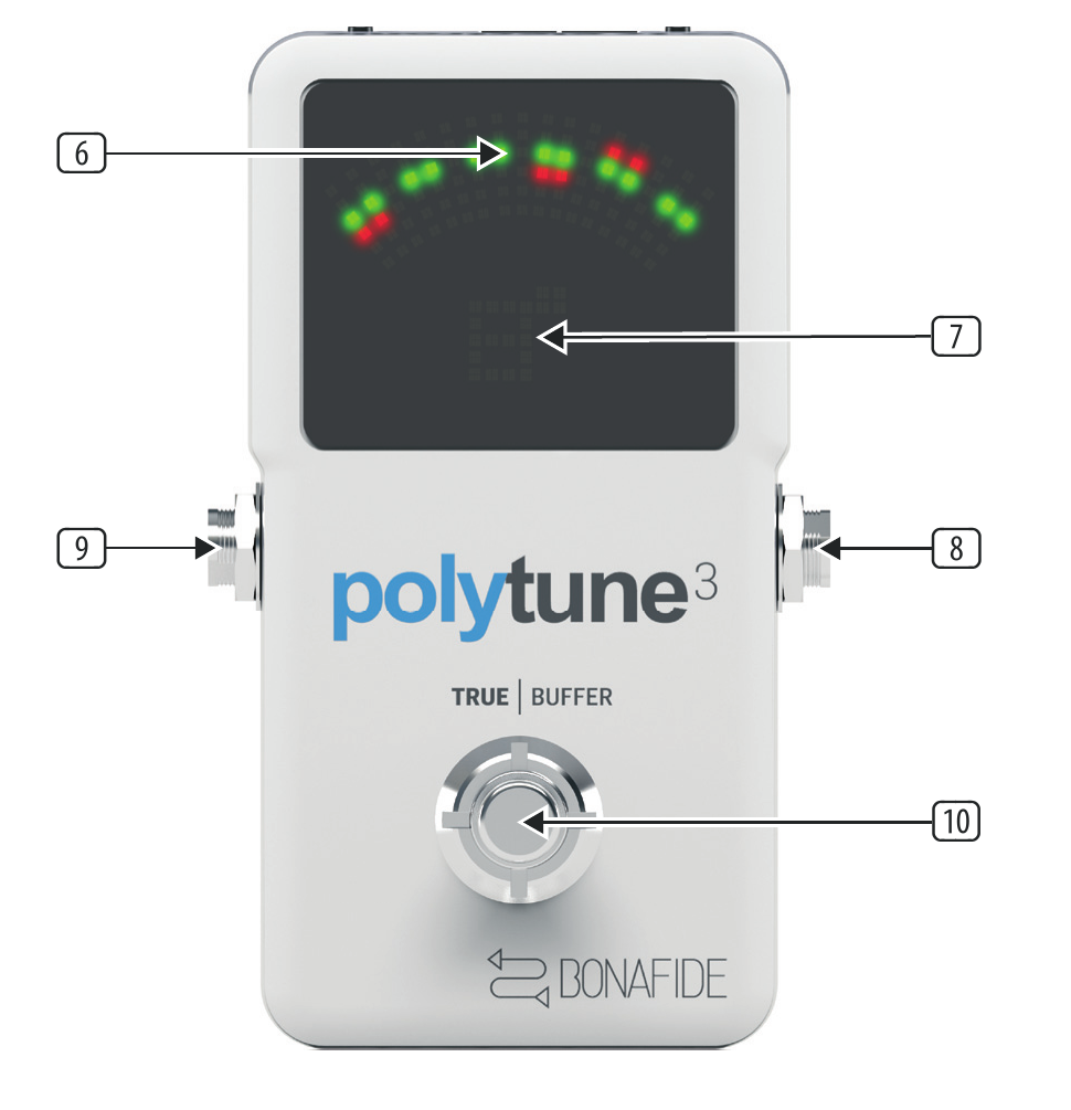 POLYTUNE 3 front panel: display (6), ambilight sensor (7), audio output (8), audio input (9), footswitch (10)