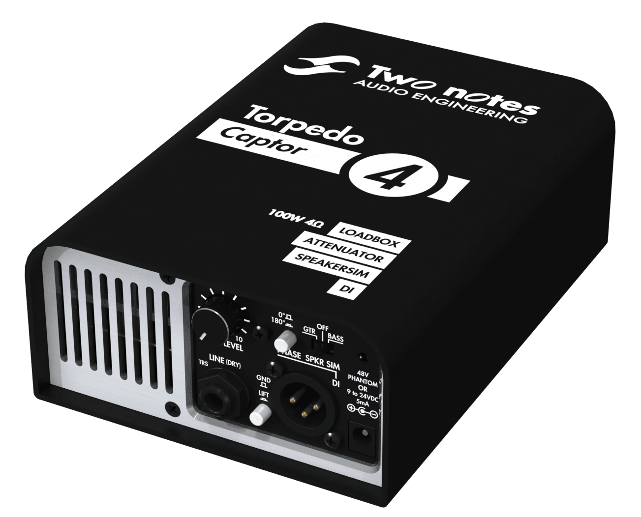 The Torpedo Captor: a small black box with a vented front panel carrying the output level knob, line and XLR DI outputs and the phantom/DC power input