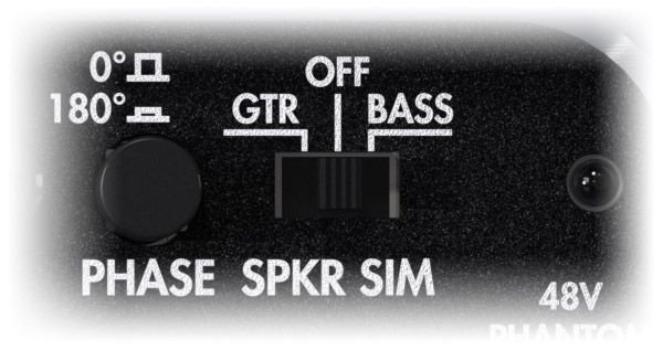 Close-up of the PHASE button (0° / 180°) and the three-way SPKR SIM switch: GTR, OFF, BASS